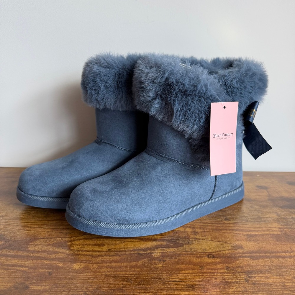 New Juicy Couture US 8 Faux Fur Blue Fluffy Boots Winter Shoes Women Bow